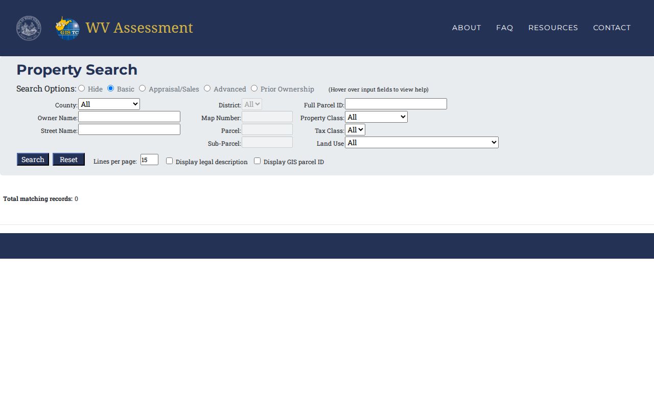 Greenbrier County property records search fields in the West Virginia Assessment portal